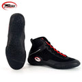 Black high-top sneakers with red laces on a white background, featuring Twins Spirit logo.