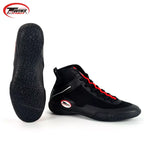 Black high-top sneakers with red laces on a white background, featuring Twins Spirit logo.