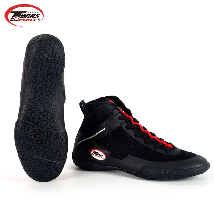 Black high-top sneakers with red laces on a white background, featuring Twins Spirit logo.