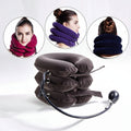 Inflatable neck pillow with three circular insets showing people .
