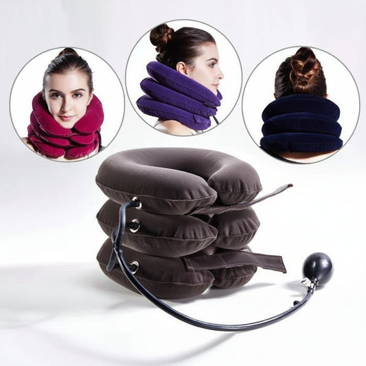 Inflatable neck pillow with three circular insets showing people .