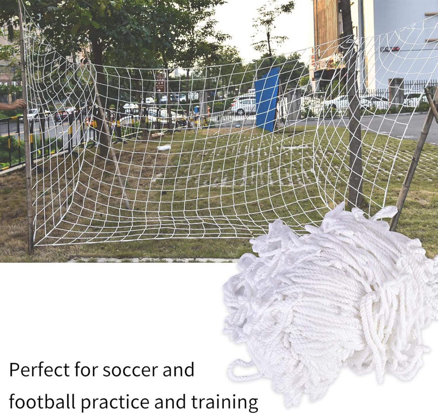 Soccer goal net with additional netting on a grassy area with cars and trees in the background.