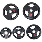 Five black rubber weight plates in different sizes arranged on a plain white 