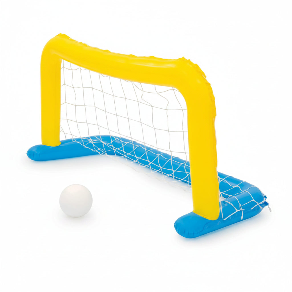 Inflatable toy soccer goal with a yellow frame, blue base, white netting,