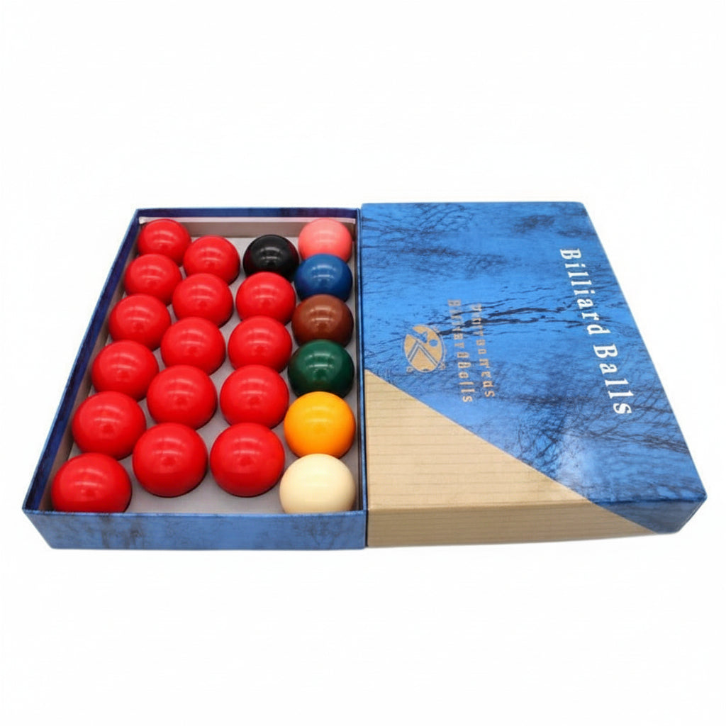 A boxed set of billiard balls shown open on a plain white background, with red, black, blue, green, yellow, orange, and white balls arranged in the tray and a blue wooden case beside it.