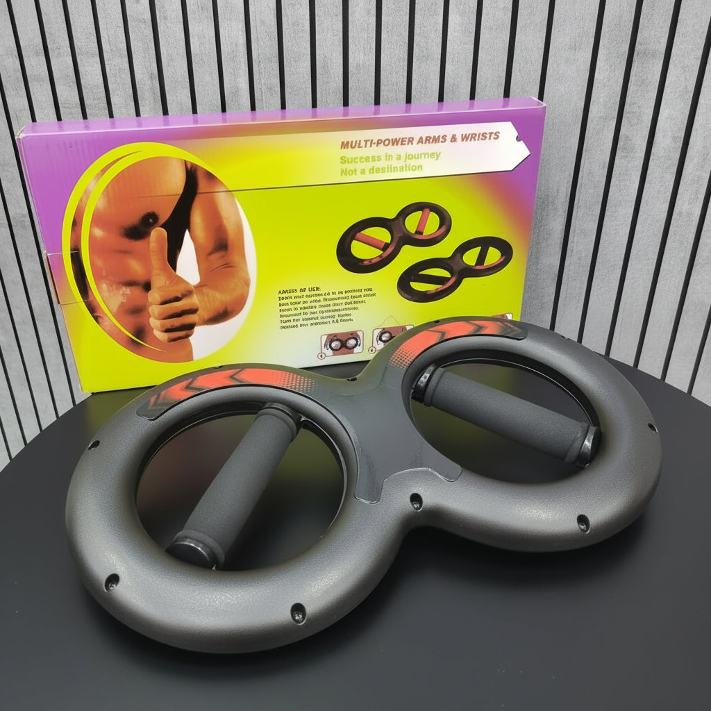 A gray wrist and arm exercise device with foam handles sits on a black surface 