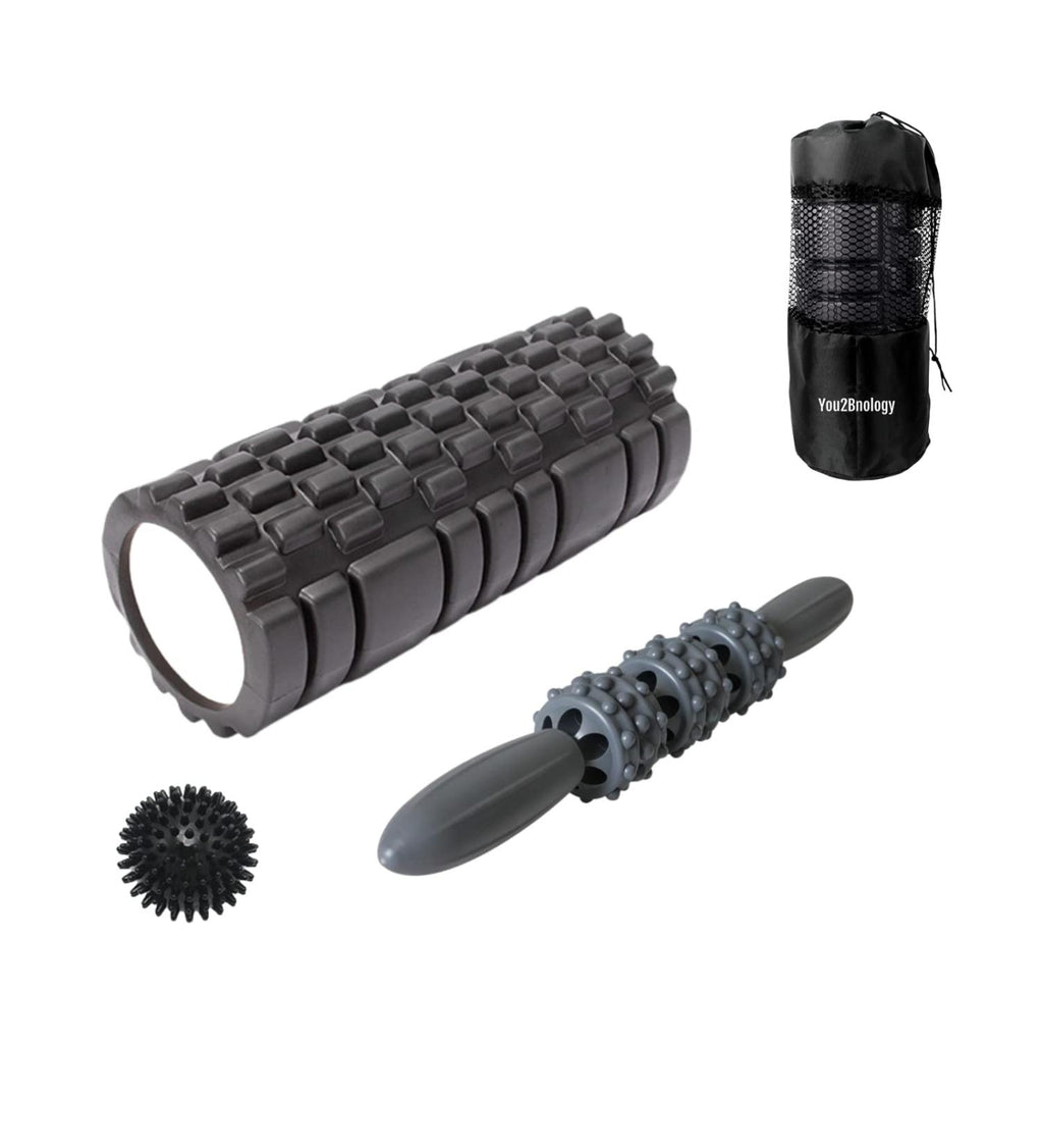 You2bnology 4-in-1 Foam Roller Kit for Deep Tissue Massage, 33cm Muscle Roller Stick and Massage Ball for Physical Therapy Pain Relief Myofascial Release Balance Exercise (Black)
