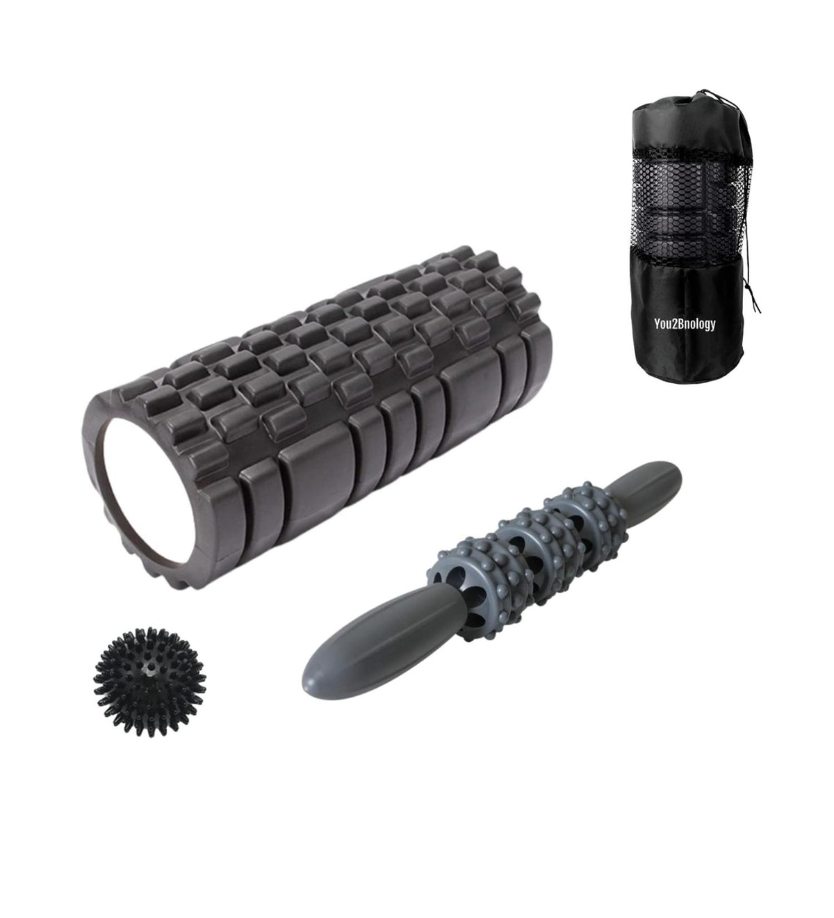 You2bnology 4-in-1 Foam Roller Kit for Deep Tissue Massage, 33cm Muscle Roller Stick and Massage Ball for Physical Therapy Pain Relief Myofascial Release Balance Exercise (Black)

