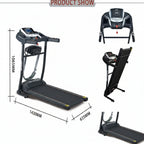 Product presentation of a folding treadmill with multiple views, including a main side view with dimensions labeled (1430mm width, 635mm depth, 106501 overall height), a top view of the console, and folded configurations, on a white background with a 'PRODUCT SHOW' header.
