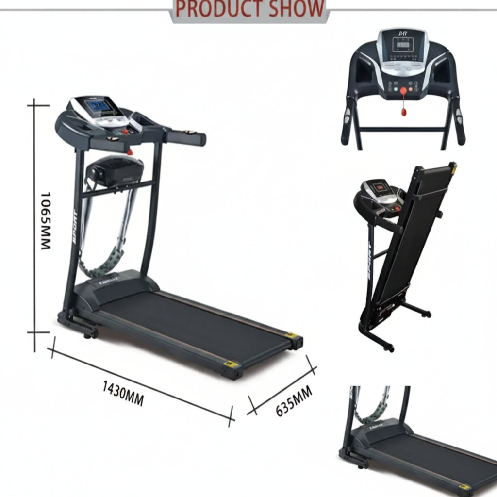 Product presentation of a folding treadmill with multiple views, including a main side view with dimensions labeled (1430mm width, 635mm depth, 106501 overall height), a top view of the console, and folded configurations, on a white background with a 'PRODUCT SHOW' header.