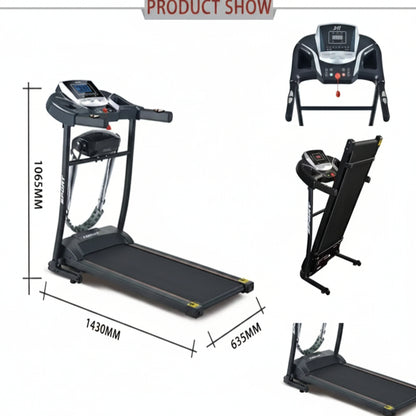 Product presentation of a folding treadmill with multiple views, including a main side view with dimensions labeled (1430mm width, 635mm depth, 106501 overall height), a top view of the console, and folded configurations, on a white background with a 'PRODUCT SHOW' header.