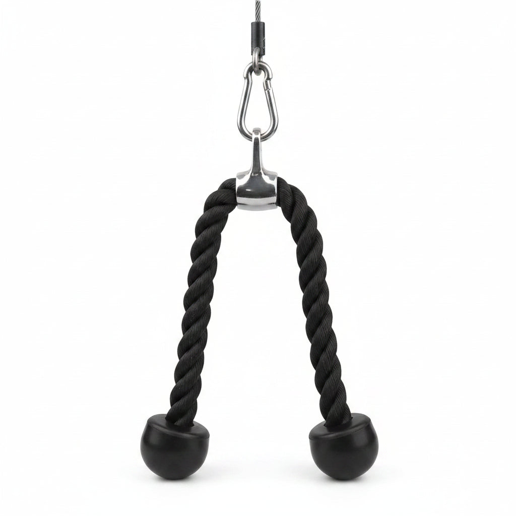 Black resistance band with handles and metal anchor, used for exercise.