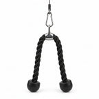 Black resistance band with handles and metal anchor, used for exercise.