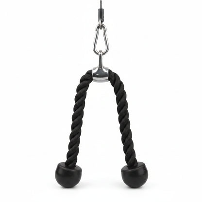 Black resistance band with handles and metal anchor, used for exercise.