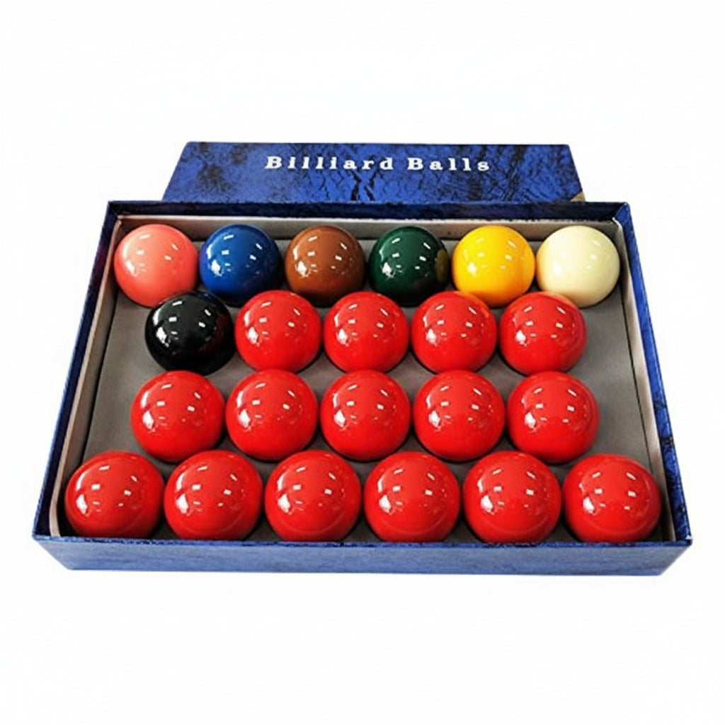 A boxed set of billiard balls arranged in a tray inside an open blue box. The set includes red, pink, blue, brown, green, yellow, black, and white balls, with the words 'Billiard Balls' printed on the inside lid.