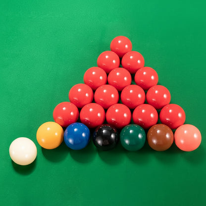  snooker ball set with red balls arranged in a pyramid on a green background.