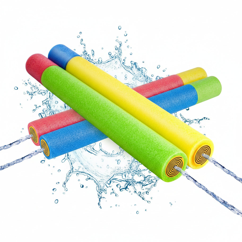 Four foam water tubes in bright yellow, green, blue, and red, arranged diagonally with water 