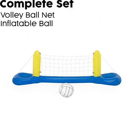 Inflatable volleyball net set with a blue base, yellow posts, white net, and a white volleyball 