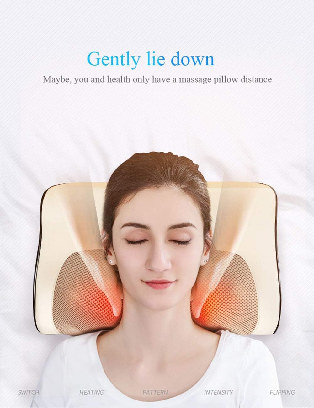 A woman lies down with her eyes closed on a white massage pillow, with text above reading 'Gently lie down' and small feature labels along the bottom.