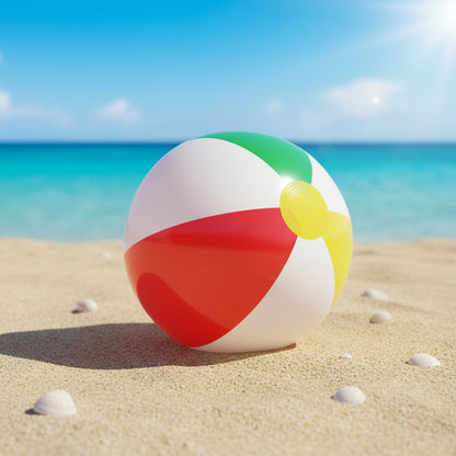 A classic beach ball with alternating red, white, green, and yellow panels,