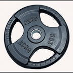 Black weight plate with '' and '' markings on a white background