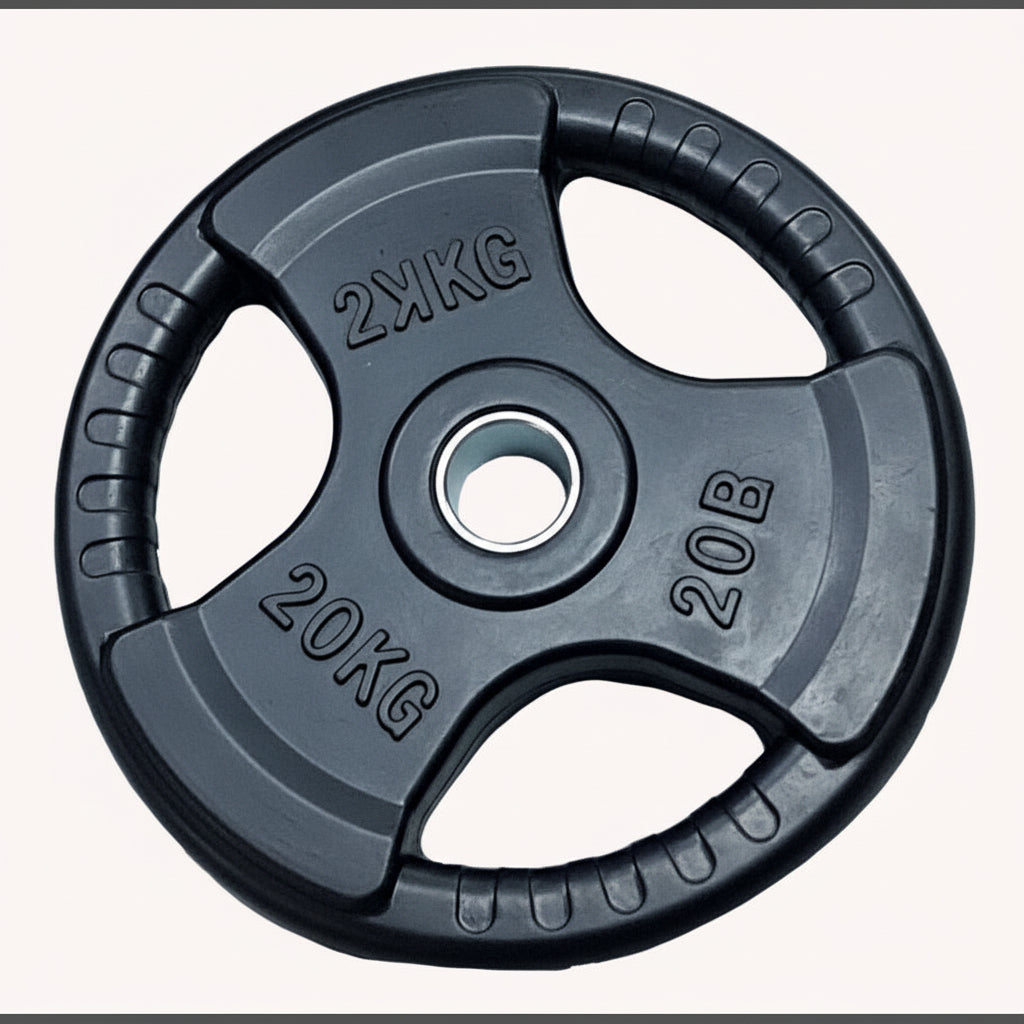 Black weight plate with '' and '' markings on a white background