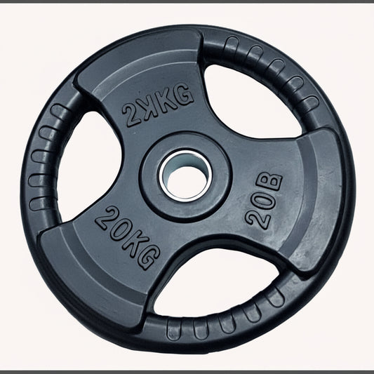 Black weight plate with '' and '' markings on a white background