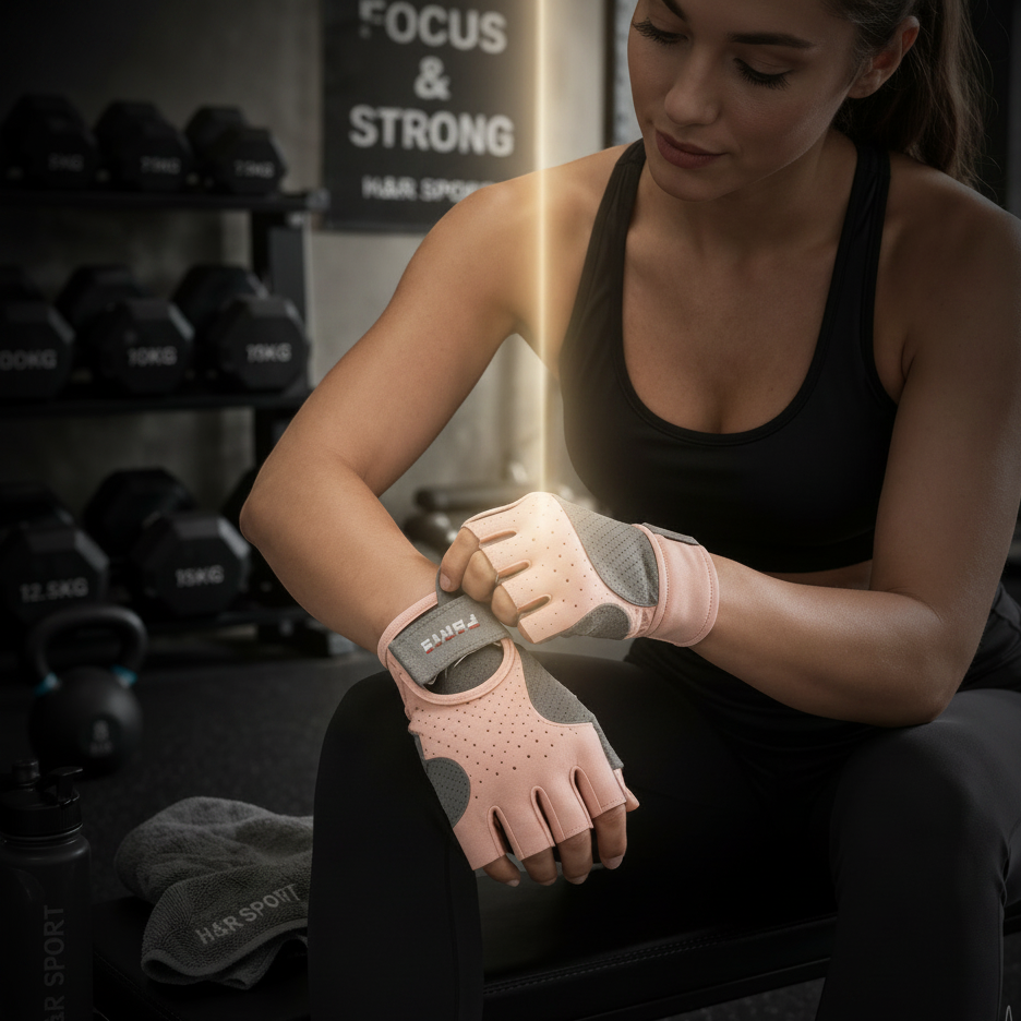 A woman in a black sports bra and leggings sits on a gym bench adjusting a pair of pink and gray fingerless workout gloves. Dumbbells, kettlebells, and gym equipment are visible in the background, with a towel and water bottle beside her.